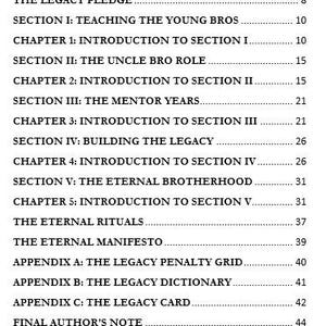 K&ouml;nnte beinhalten: Eine schwarz-wei&szlig;e Inhaltsverzeichnisseite mit dem Titel TABLE OF CONTENTS, gefolgt von einer Liste von Abschnitten, darunter FOREWORD: THIS ISN'T ABOUT US ANYMORE, THE LEGACY PLEDGE, SECTIONS I BIS V, THE ETERNAL RITUALS UND APPENDICES.