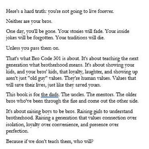 K&ouml;nnte beinhalten: Eine gedruckte Seite mit dem Titel FOREWORD: "THIS ISN'T ABOUT US ANYMORE". Der Text er&ouml;rtert die Bedeutung der Weitergabe von Traditionen und Werten an die n&auml;chste Generation durch ein Buch namens Bro Code 301, wobei Loyalit&auml;t betont wird.