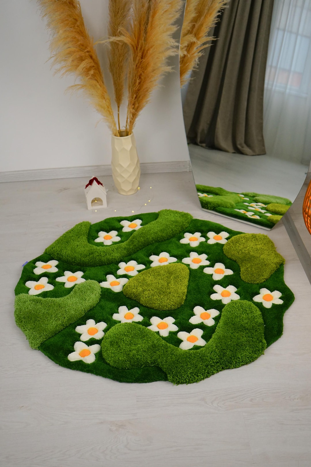 3D Daisy Tufted Rug, Round Floral Custom Moss Carpet, Textured ...