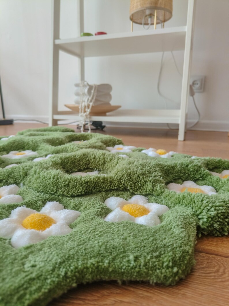 Daisy Shape Rug Handmade 3D Tufted Daisy Moss Rug: Green Flower Carpet for Nursery ...
