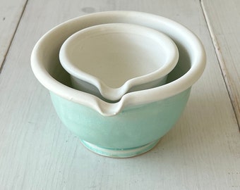 Two Piece Nesting Mixing Bowl Set, Handmade Pottery, Little Mixing Bowl and Medium Mixing Bowl, Mint