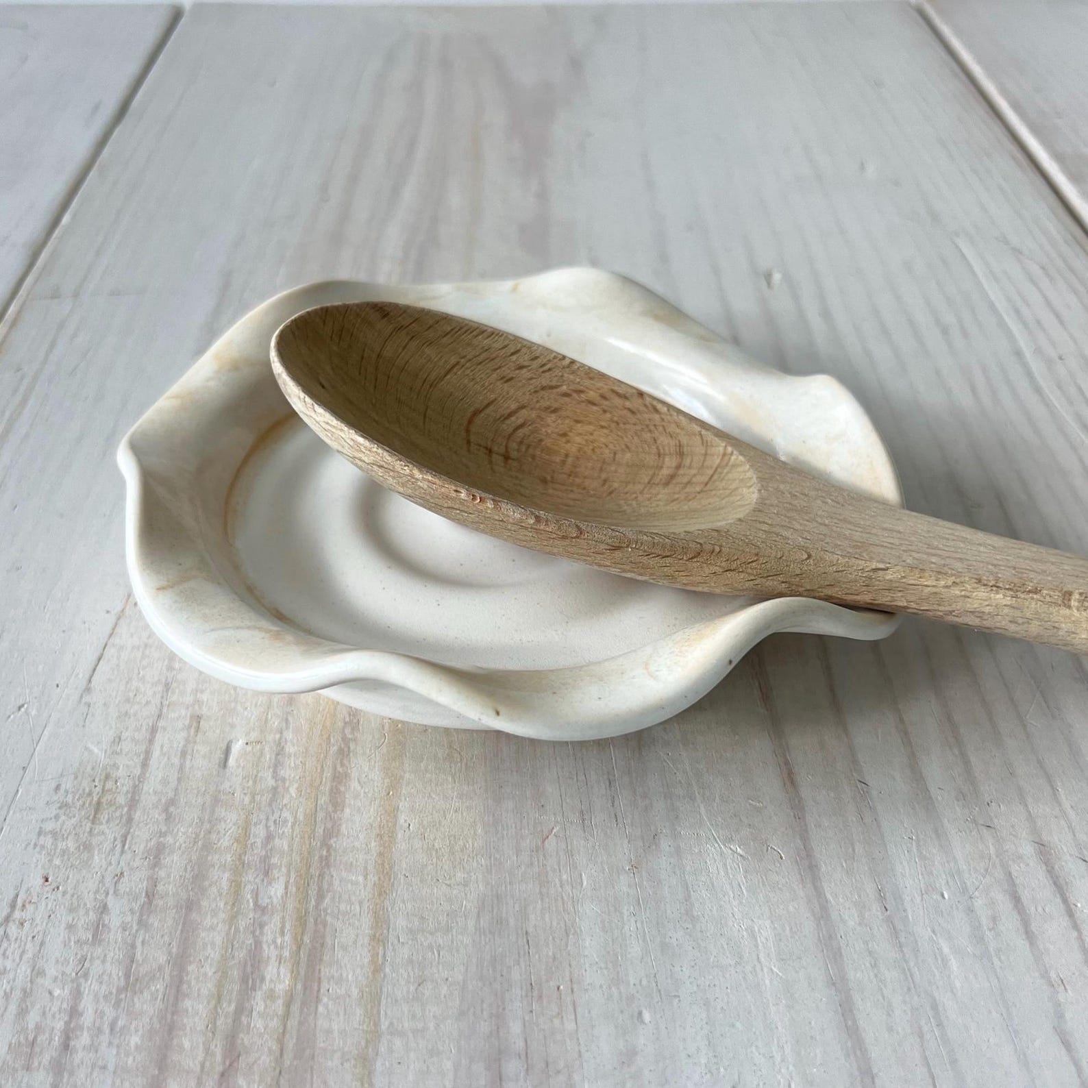 Handmade Ceramic Scalloped Spoon Rest, Creamy White