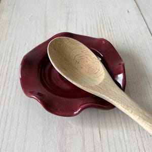 Handmade Cranberry Red Ceramic Spoon Rest: Modern Wavy Pottery