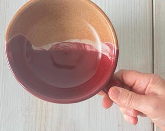 Handmade Ceramic Everything Bowl, Brown and Cranberry Soup Mug