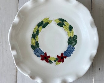 White floral wreath handmade ceramic platter, shallow bowl, handmade pottery, hydrangea, leaves, red flowers