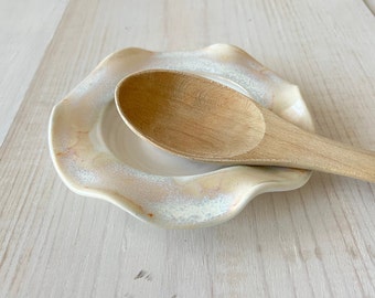 Ceramic Scalloped Spoon Rest, wavy spoon rest, handmade, creamy white