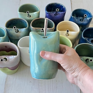 Ceramic Cup with Stainless Steel Straw, handmade iced tea cup
