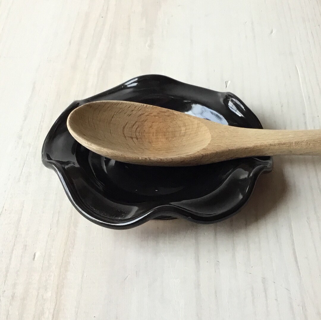 Black Spoon Rest, Handmade, Ceramic, Scalloped, Wavy, Modern Spoon Rest