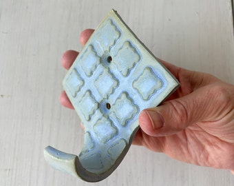 Light Denim Blue Square quatrefoil ceramic hook