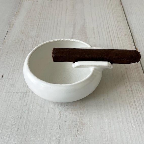 Handmade White Ceramic Cigar Ashtray, Pottery Wheel Thrown