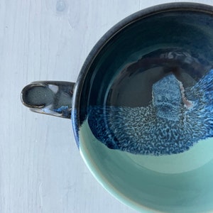 Soup Bowl with handle, ceramic soup mug, Everything Bowl, turquoise and navy