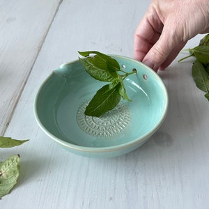 Garlic Grater Herb Stripper Bowl, grater with spout, handmade pottery, green, white, turquoise