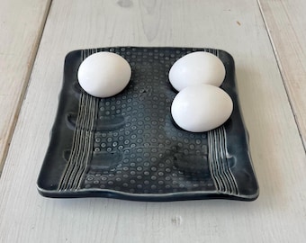 Handmade Navy Blue Egg Platter: Polka Dot Ceramic Deviled Egg Tray