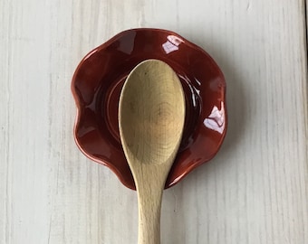 Dark Red Spoon Rest, handmade, wavy ceramic spoon rest