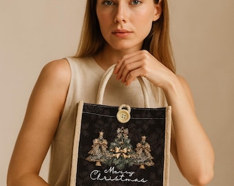 Black & Burlap Christmas Tote Bag – Leopard Bow Tree Design, Large Capacity Holiday Shoulder Bag