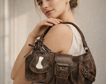 Y2K Gothic Shoulder Bag – Retro Rivet Handbag – Steampunk Vintage Purse for Women – Rock Festival Street Style Bag