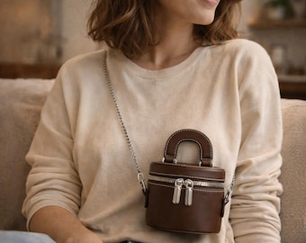 Mini Brown Cylinder Bag, Vintage Style Crossbody Bag, Small Round Handbag, Elegant Leather Look Purse