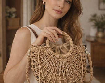 Half Round Straw Crossbody Bag