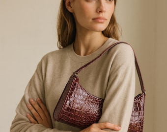 Red Embossed Shoulder Bag, Faux Leather Geometric Purse, Retro Underarm Bag, Waterproof Daily Handbag for Women, Zipper Tote