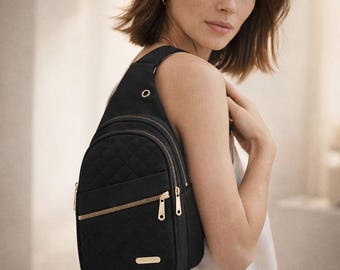 Black Fanny Bag for Women – Quilted Sling Bag – Crossbody Chest Bag with Zipper – Stylish Everyday Waist Bag