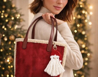 Red Fuzzy Shearling Tote Bag – Winter Top Handle Bag with Free Santa Charm – Cozy Christmas Gift for Women