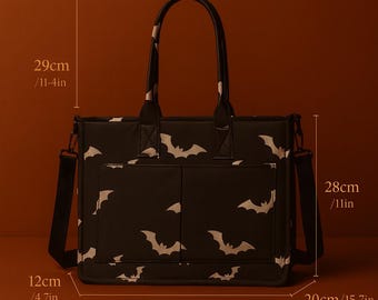Halloween Bat Tote Bag, Black Gothic Shoulder Bag, Large Canvas Halloween Purse, Spooky Everyday Handbag, Fall Festival Gift for Her