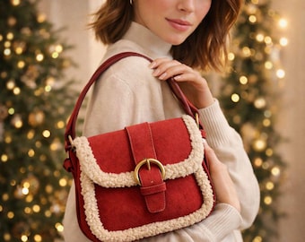 Red Mini Fuzzy Shoulder Bag – Winter Plush Trim Purse – Small Square Crossbody Bag with Magnetic Closure
