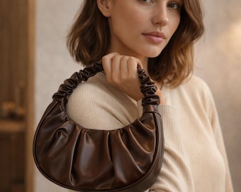 Brown Ruched Shoulder Bag, Vintage Style Hobo Bag, Soft Leather Look Handbag, Minimalist Crescent Bag, Everyday Elegant Purse