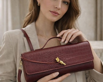 Burgundy Croc Embossed Clutch Bag