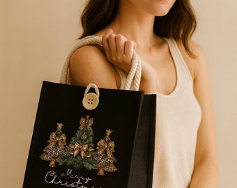 Black Christmas Linen Tote Bag – Large Capacity Reusable Holiday Shoulder Tote