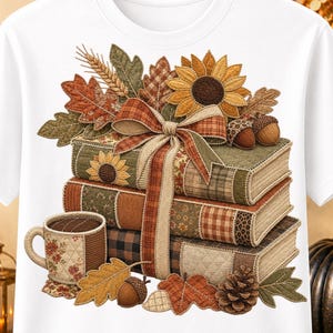 Op de afbeelding: Een wit t-shirt met een afbeelding van drie gestapelde boeken vastgebonden met een geruit lint, bekroond met een zonnebloem, tarwe en bladeren. Een mok met een bloemenpatroon staat naast de boeken, vergezeld door eikels en een dennenappel.