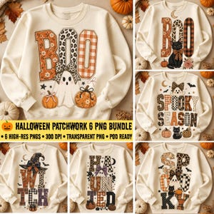 Może przedstawiać: Kolekcja sześciu kremowych bluz z okrągłym dekoltem z różnymi grafikami o tematyce Halloween. Wzory zawierają napisy takie jak BOO, SPOOKY SEASON, WITCH, HAUNTED i SPOOKY, ozdobione dyniami, duchami, kotami oraz różnymi wzorami.