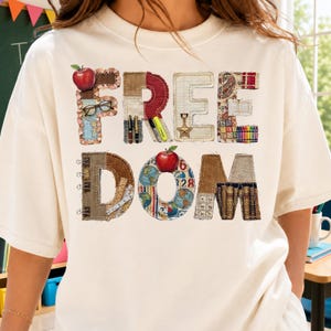 Lehrer Freiheit PNG Sublimationsdesign, Denim Patchwork Schule Wortkunst, Apple Buntstifte Bücher, Lehrer Shirt PNG, Zurück zur Schule Download