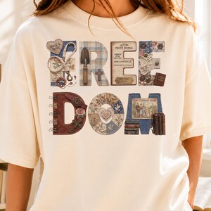 Diseño PNG de sublimación de Fe y Libertad Vintage, Arte de palabras con cruz floral y patchwork cristiano, Camiseta de fe PNG, Descarga digital religiosa