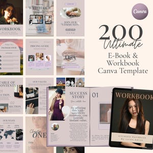 May include: A digital product template set for e-books and workbooks. The cover image features a woman and the word "WORKBOOK". The template includes various page layouts with text and images, and the Canva logo.