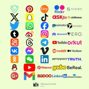 May include: A collection of social media platform logos, including Pinterest, Etsy, Facebook, Instagram, and YouTube, arranged on a light green background. The image also includes the text "Minimal worlds Studio".
