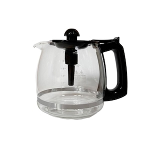 May include: A clear glass coffee carafe with a black handle, lid, and internal components. The carafe has measurement markings and a silver band around the base. The carafe is designed to hold up to 12 cups of coffee.