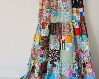 Skirt Size 12 TALL Maxi Skirt Upcycled Clothing CUSTOM Vintage Quilt Skirt Patchwork Cotton Clothing Tall Women's Long Teired Prairie Skirt