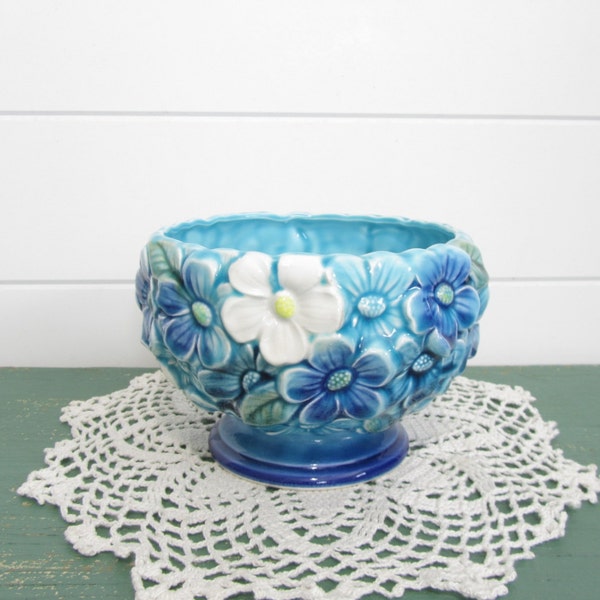 1970s Blue Planter Turquoise Flower Pot Daisies Floral Relief Relpo 6261