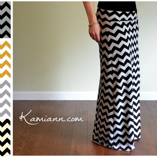 Chevron Maxi Skirt, Yoga Waistband, Long Maternity - Custom Made - Kamiann