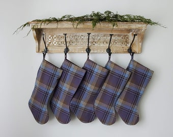 Christmas Stocking Plaid  Blue Violet Brown Upcycled Fabric Christmas Stocking Eco-Friendly Handmade Christmas Decor Sustainable