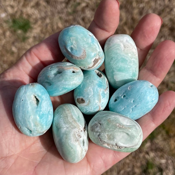 Blue Aragonite Tumbled Stone, Aragonite Large Tumble Stone, Small Aragonite Palm Stone, Blue Crystals, Beach Vibe Crystal, Aragonite Stone