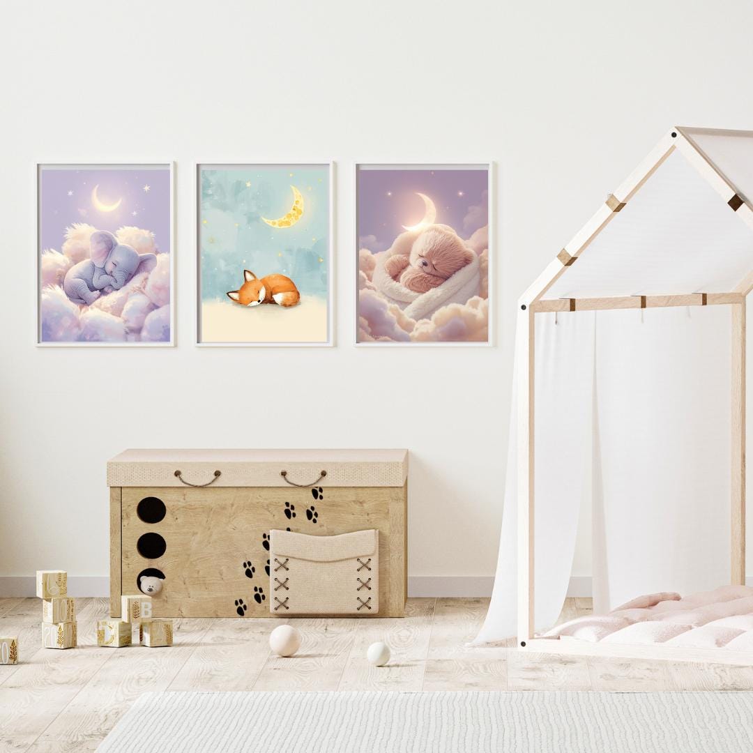 Moon Stars Nursery Print Set, Baby Animals, Kids Room Decor (digital ...