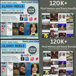 May include: A promotional graphic with the text "READY MADE VIRAL" and "21,000+ REELS." It also includes the text "BUNDLE LIFETIME VALIDITY" and "DOWNLOAD - EDIT - UPLOAD." The graphic features social media icons and sample images, with the words "GRAB NOW."