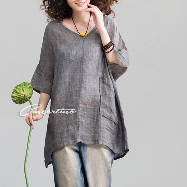 Gray Women Plus Size Blouse XL XXL XXXL Linen blouse linen shirt linen top linen tunic V neck