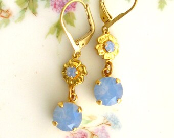 40% OFF Air blue opal flower matte gold plated earringsblue Earrings Swarovski crystals matte gold plated leverback earrings Wedding Bridal