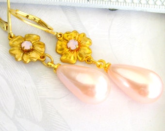 40% OFF Rosewater opal pearl flower matte gold plated earrings Pink Earrings Swarovski crystal matte gold plated lever-back vintage  pearls