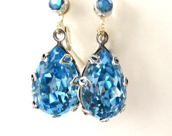 40% OFF Sapphire crystal earrings - Swarovski Sapphire teardrops - Silver plate -handcrafted wedding jewelry bridal