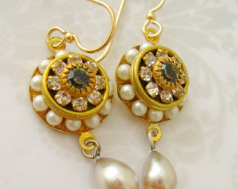 40% OFF Bridal earrings- pearl & black diamond crystal earrings - vintage pearl drop - pearl cluster- handmade wedding jewelry