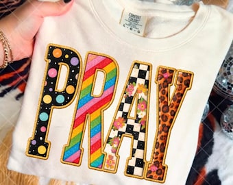 Pray PNG, Patchwork Letter Faith Design, Preppy Leopard DTF Transfer, Christian Typography Sublimation, Digital Download